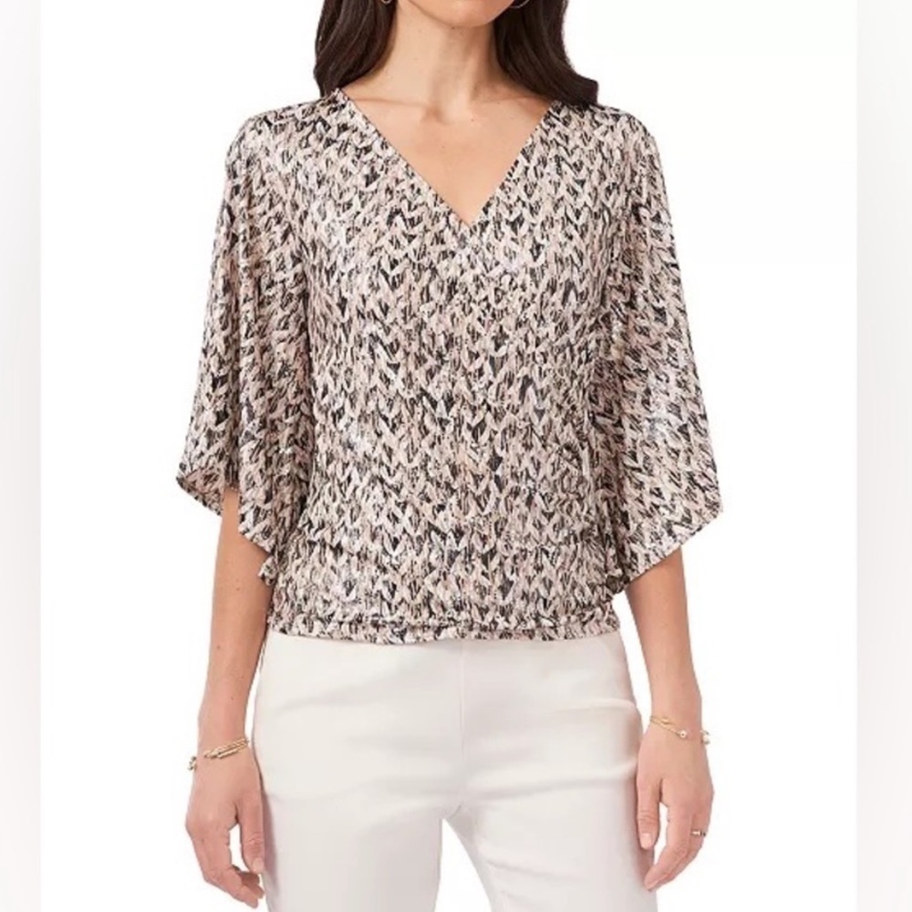3/$20 MSK Faux Wrap Top Black& White Paisley Sparkling Sequin Bell Sleeve